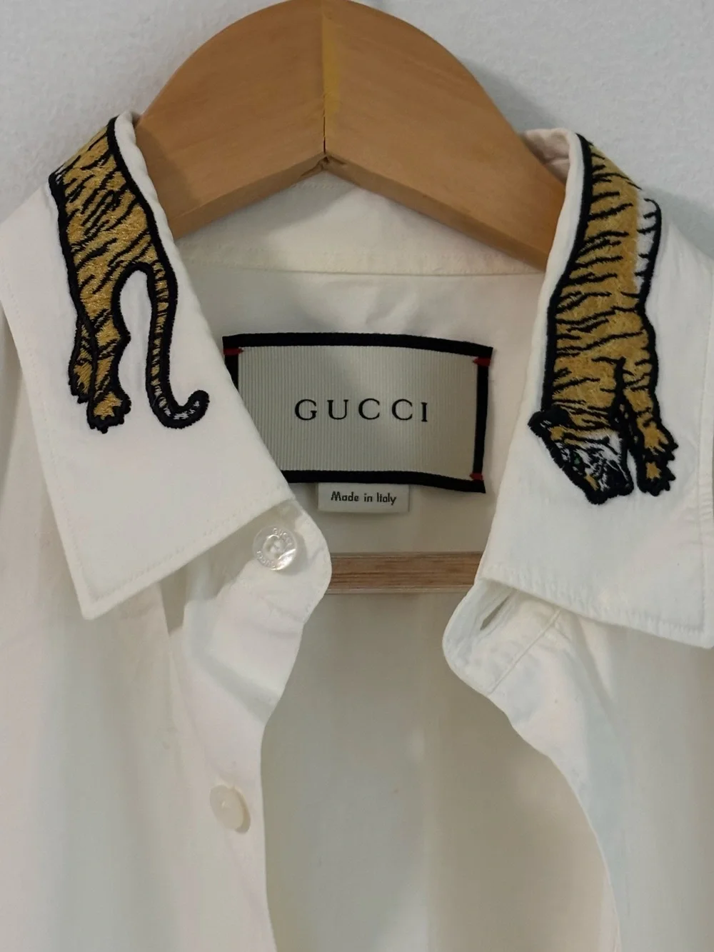 Gucci Men’s Button-Down Shirt with Embroidered Tiger Collar